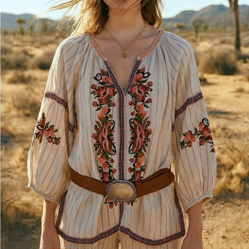 Johnny Was Peasant Blouse Top Boho Cream Embroidered 3/4 Sleeve  SZ S EUC